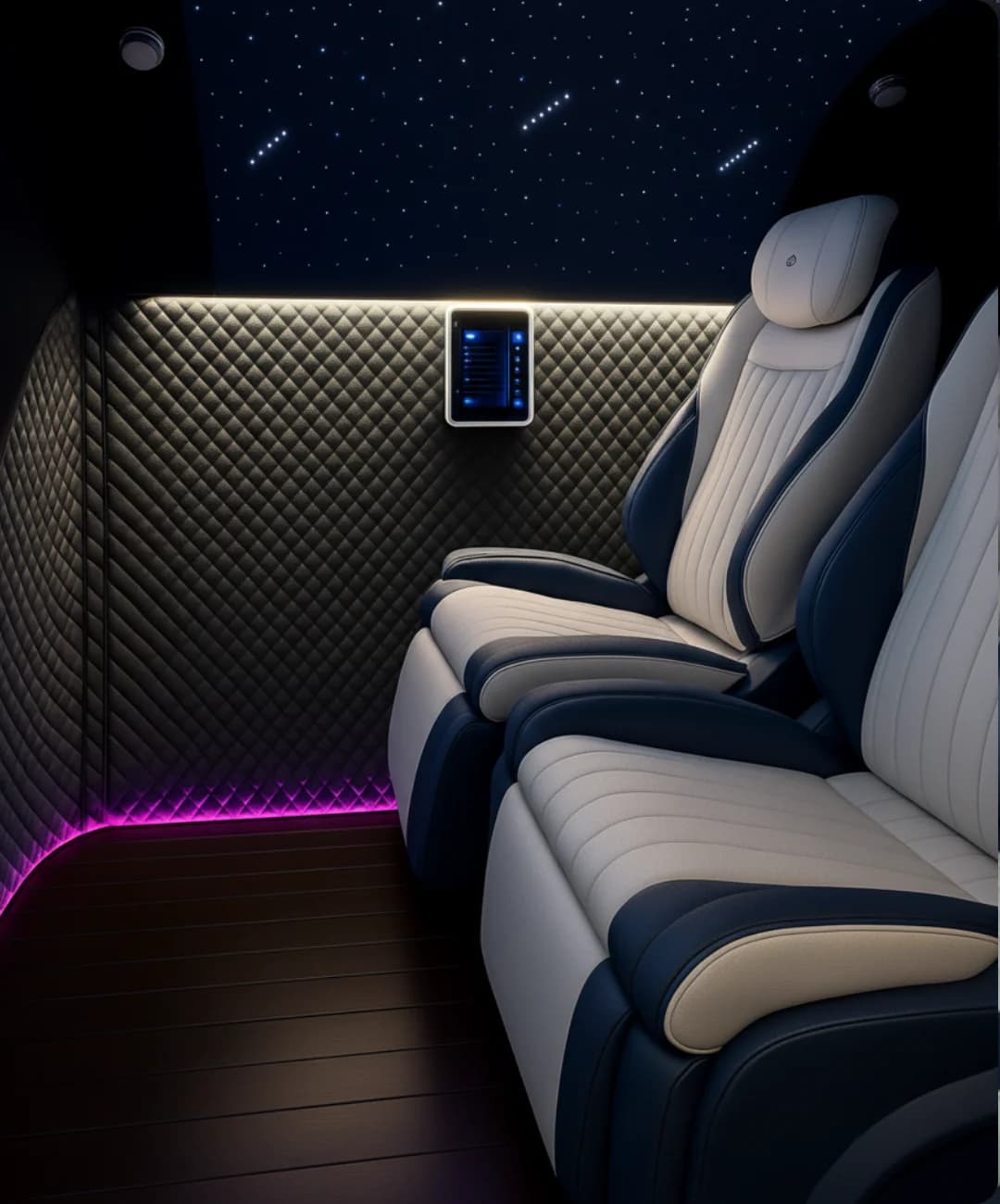 Apex Quad 5000 interior with starlight ceiling, quilted walls, and premium multi-person seating Apex Quad 5000 interior with starlight ceiling, quilted walls, and premium multi-person seating