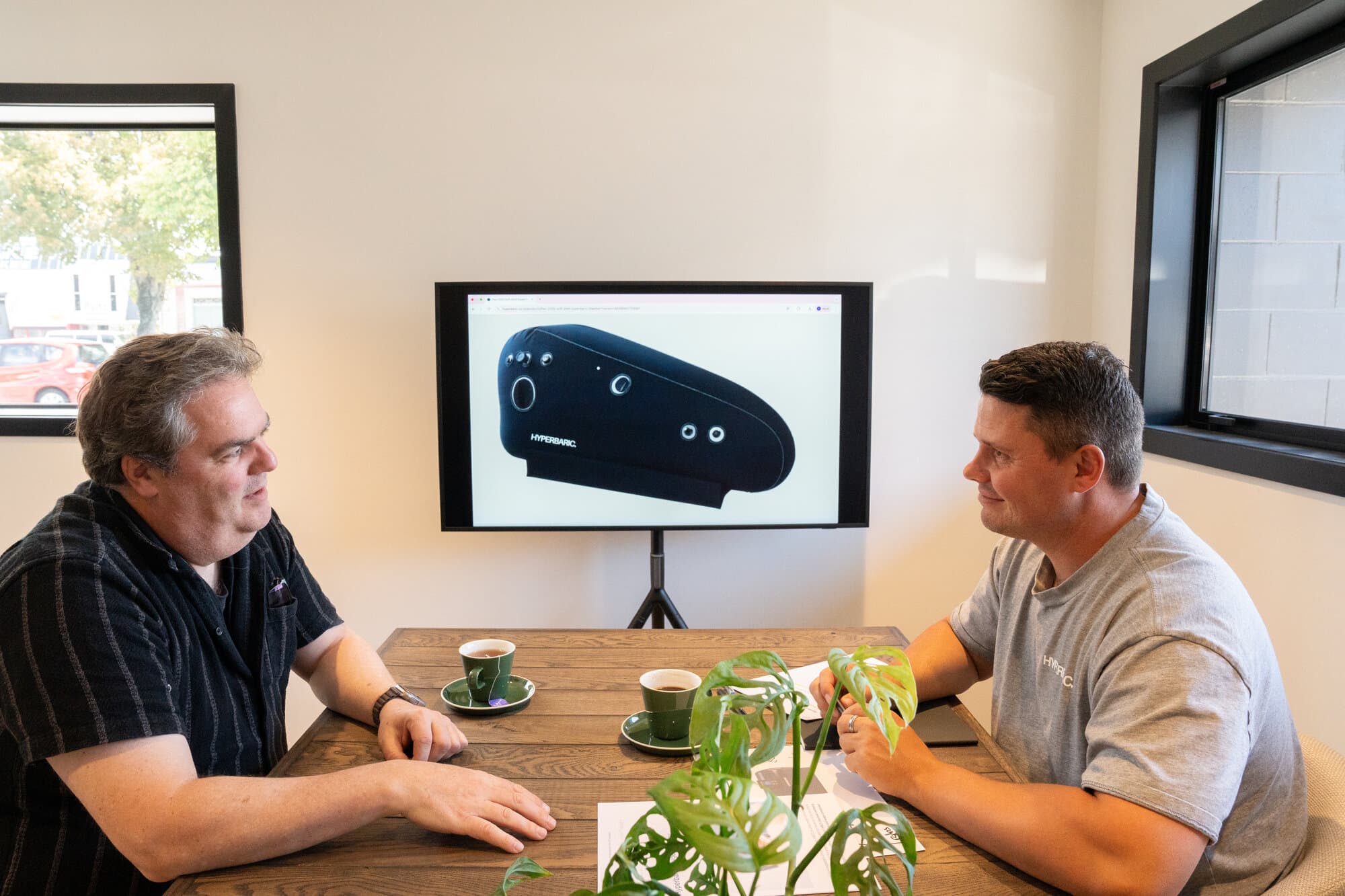 Callum and a client reviewing a chamber render on a large screen during a professional consultation